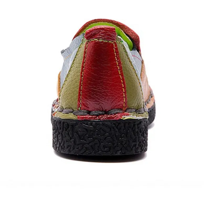 Genuine Leather Multi-color Patches Stitching Moccasin Flat Shoes