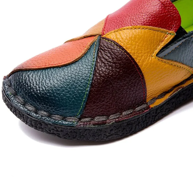 Genuine Leather Multi-color Patches Stitching Moccasin Flat Shoes