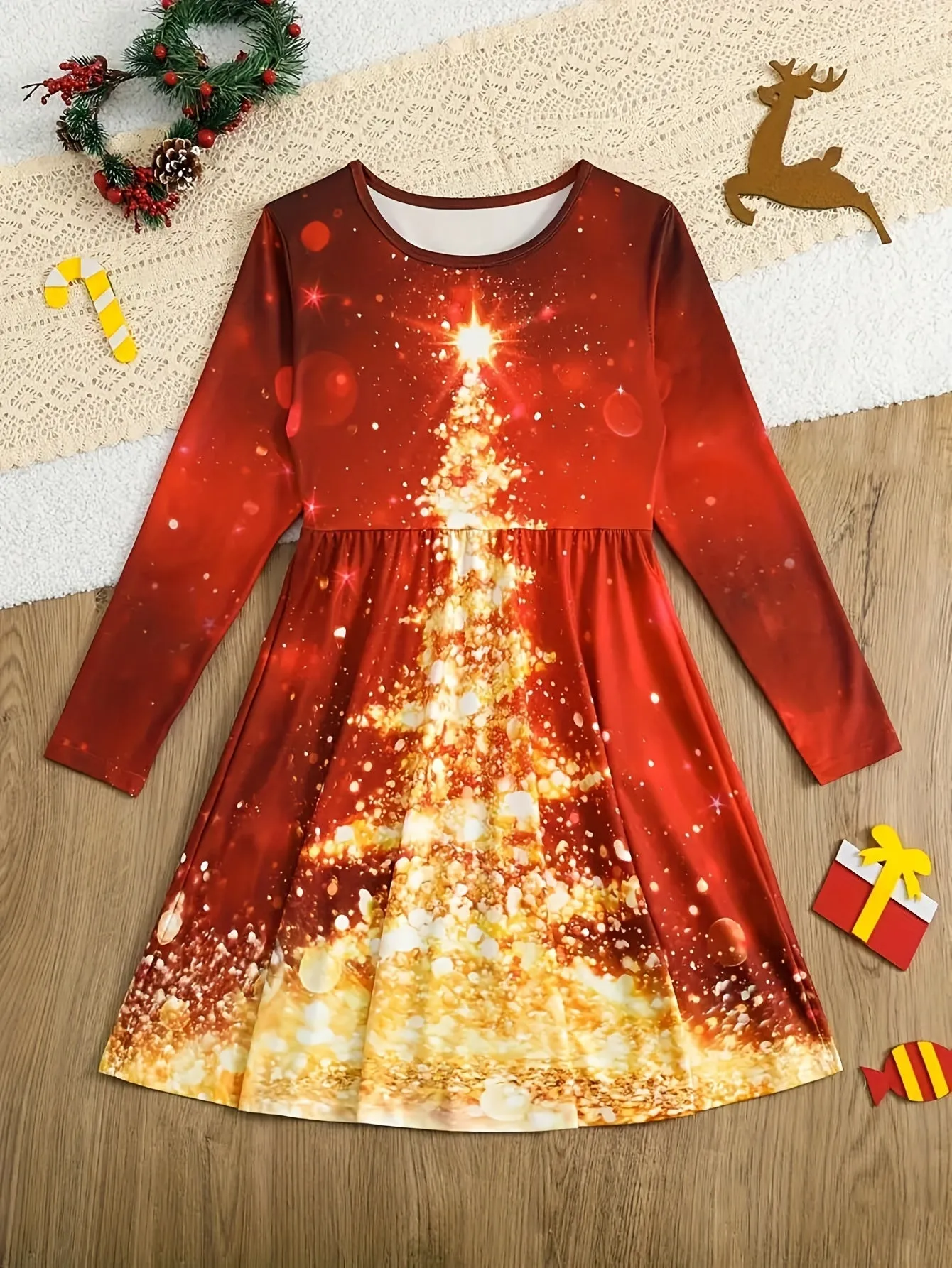 Girls' Christmas Tree Print Dress, Polyester, Cute Style, Stretch Fabric, Geometric Pattern, Regular Fit, Knit, for Baby Girls, Holiday Gift, Autumn/Winter Season