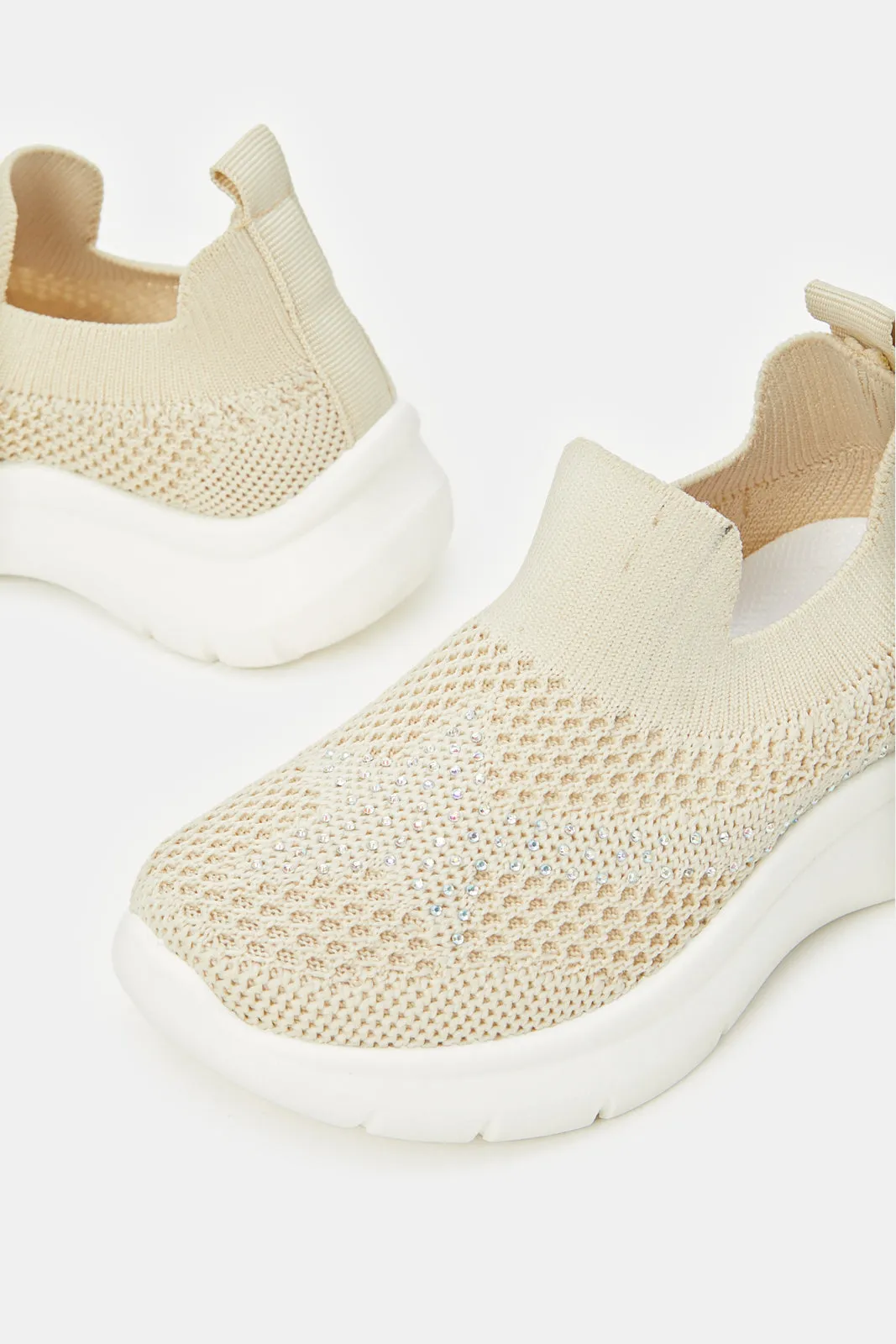 Girls Textured Cream Slip-On Sneakers