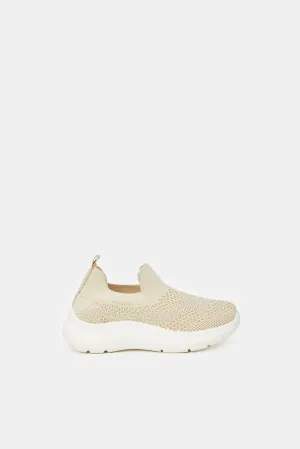 Girls Textured Cream Slip-On Sneakers