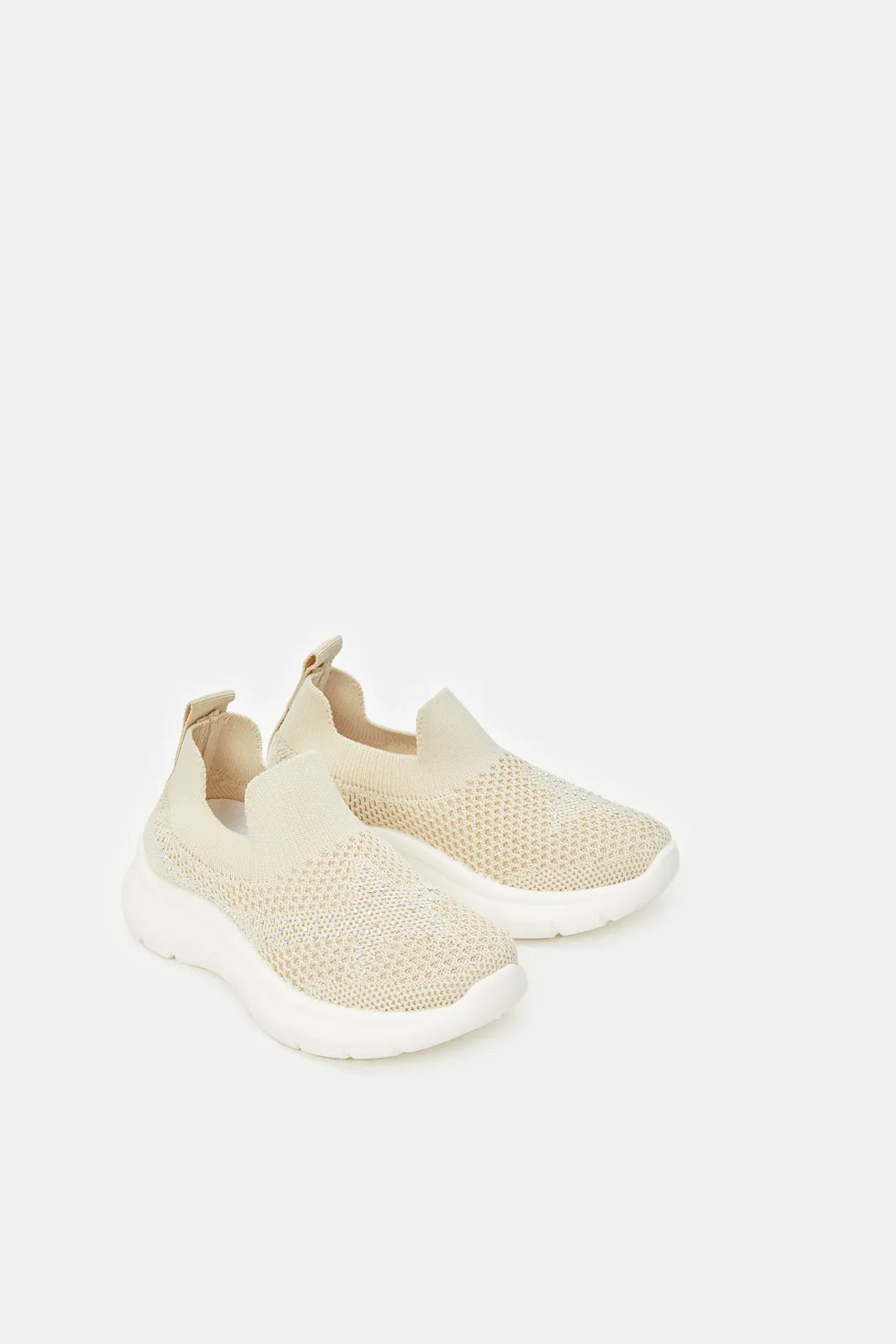 Girls Textured Cream Slip-On Sneakers