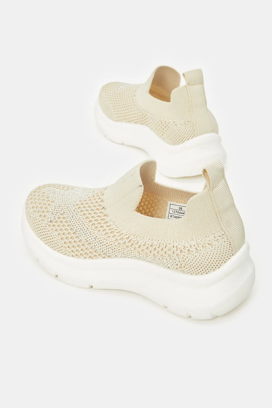 Girls Textured Cream Slip-On Sneakers