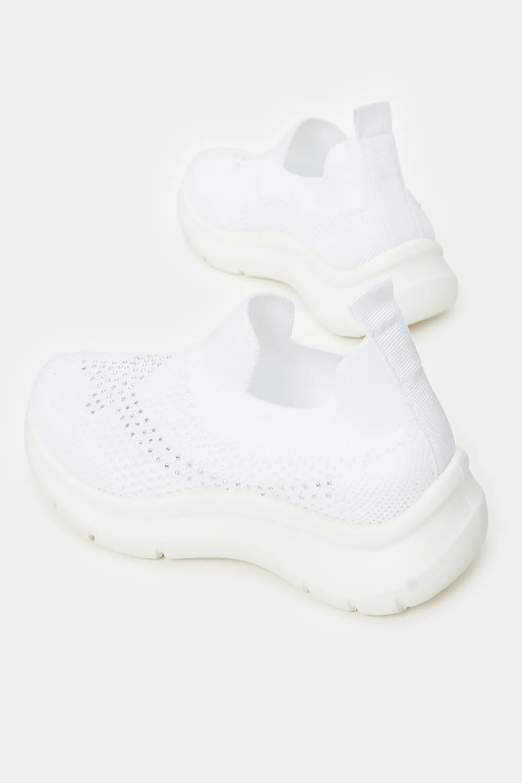 Girls White Fly Knit Slip-On Sneakers