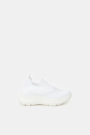 Girls White Fly Knit Slip-On Sneakers