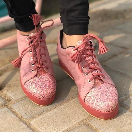 Glittery Tieskers (Pink) Wedges Platform Heels