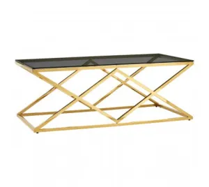 Inverted Prism Base Gold Coffee Table with Black Tempered Glass Top