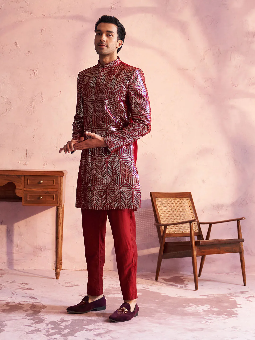 Jashvi Men's Maroon Georgette Sherwani Only Top