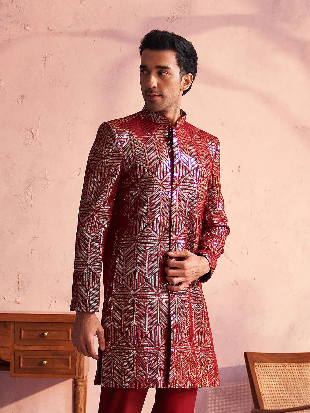 Jashvi Men's Maroon Georgette Sherwani Only Top