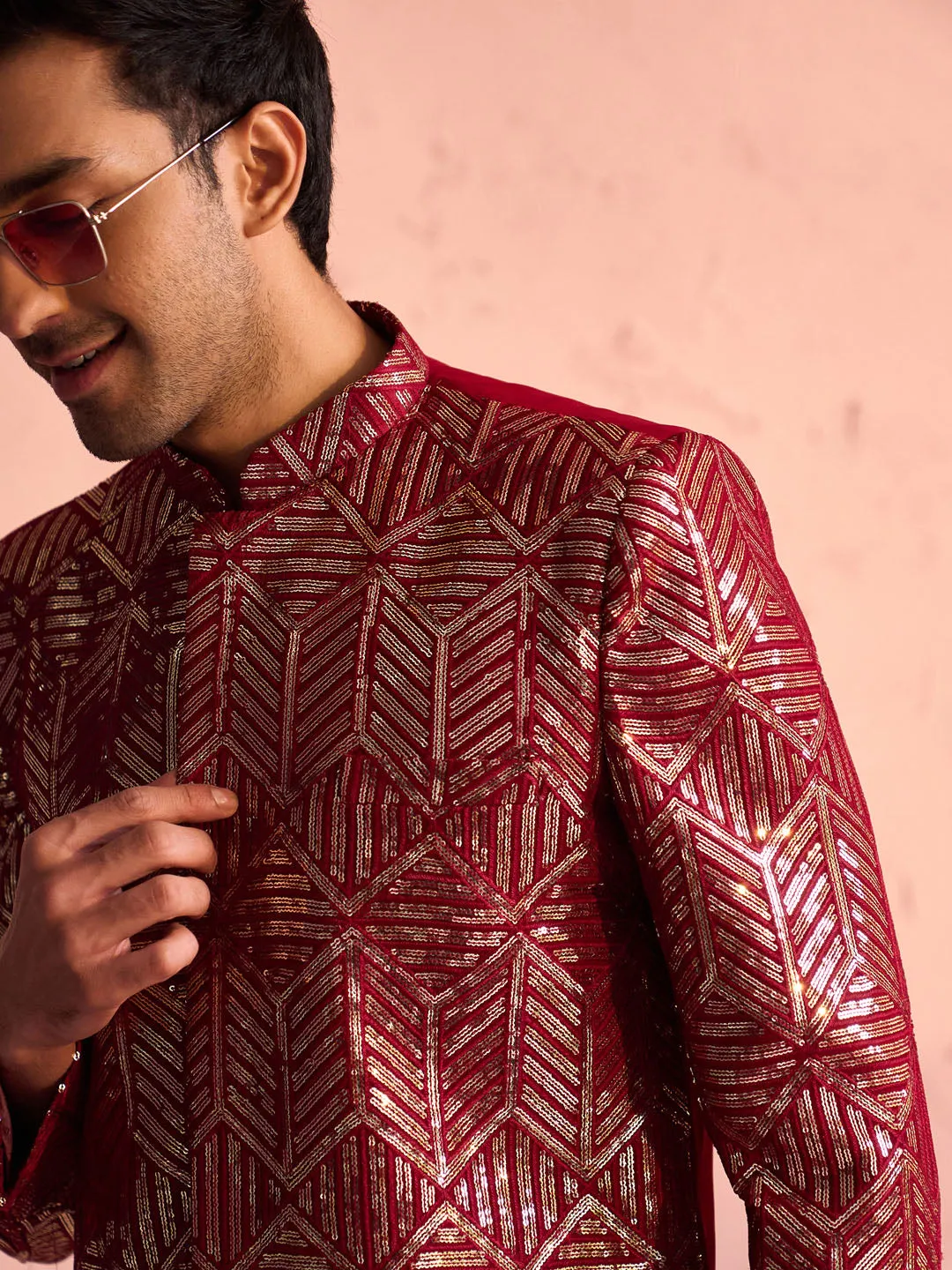 Jashvi Men's Maroon Georgette Sherwani Only Top