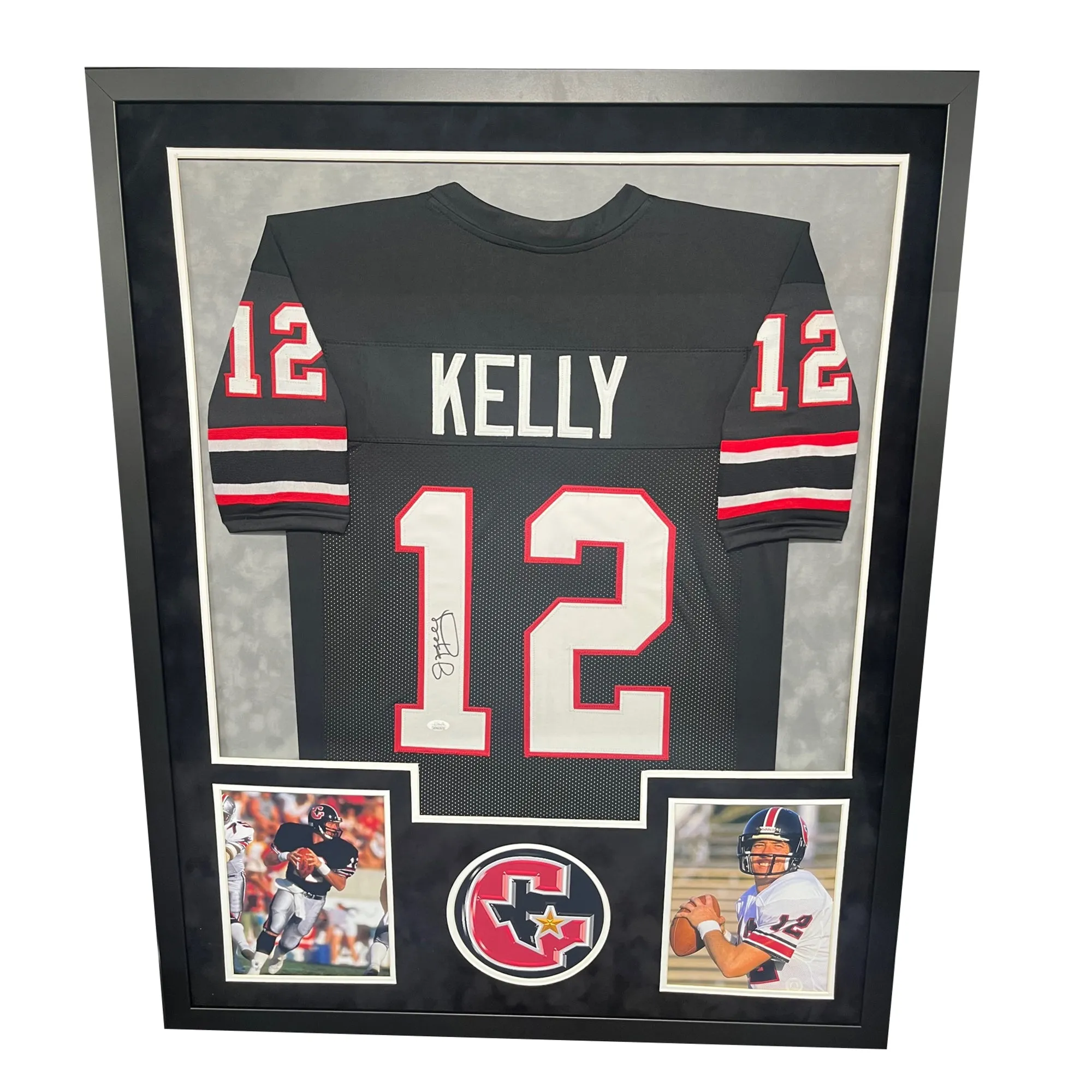 Jim Kelly Signed Houston Black Custom Double-Suede Framed football Jersey (JSA)