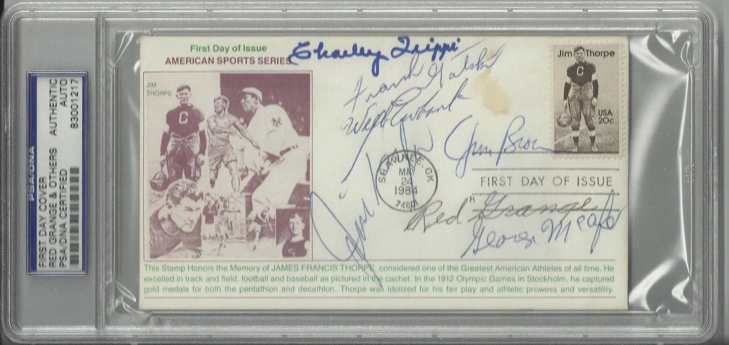 Jim Thorpe First Day Cover Signed By 7 Hall of Famers - Brown, Grange, Ewbank, Gatski, McAfee, Taylor, Trippi (PSA 83001217)