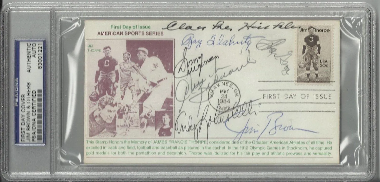 Jim Thorpe First Day Cover Signed By 7 Hall of Famers - Brown, Hinkle, Flaherty, Robustelli, Groza, Bednerik, Jurgensen (PSA 83001221)