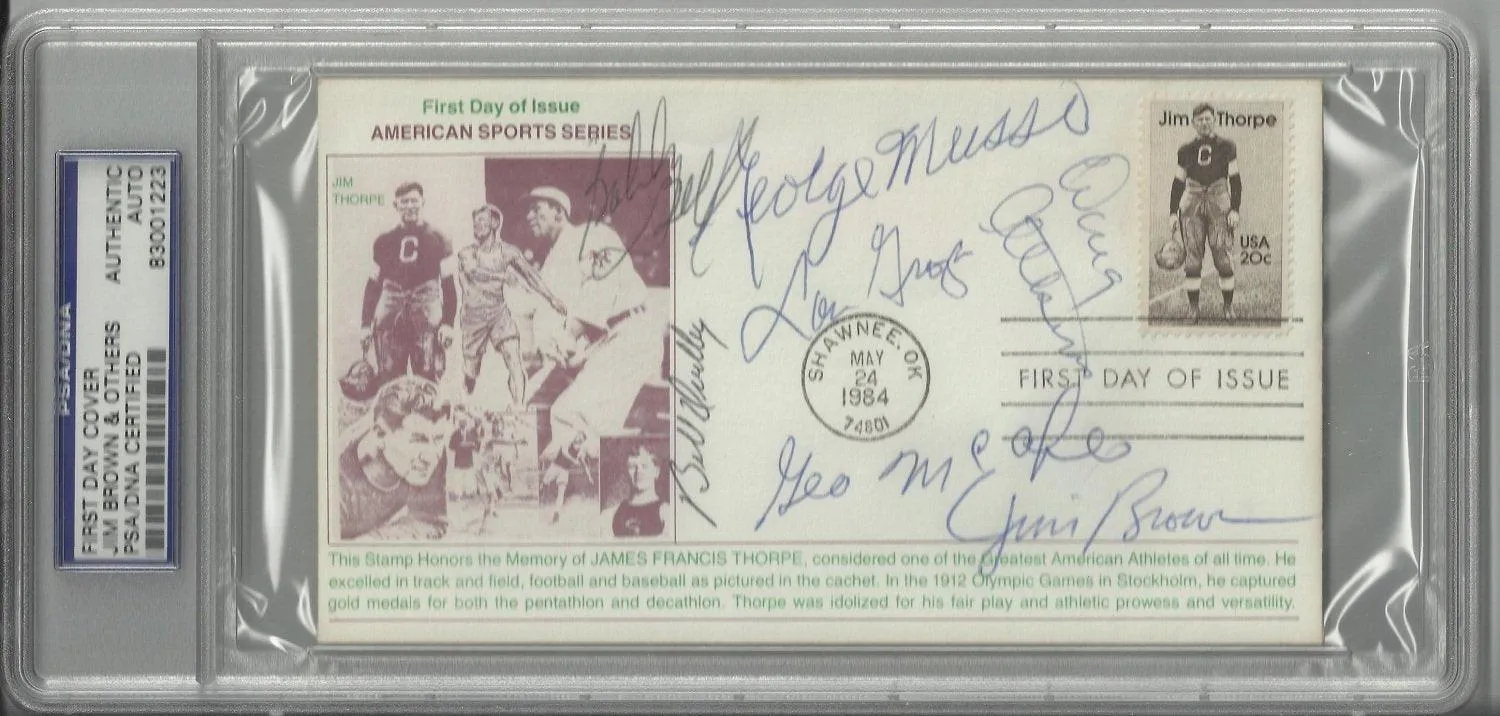 Jim Thorpe First Day Cover Signed By 7 Hall of Famers - Brown, Musso, Groza, Dudley, McAfee, Atkins, Bell (PSA 83001223)