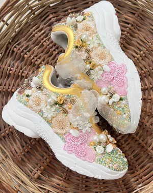 LFUNKY N TRENDY gold pink butterfly embroidery sneakers for brides /gold embroidered sneakers/ handcrafted sneakers/ butterfly sneakers / bridal sneakers / bridesmaid sneakers/ gold and pink hand work sneakers