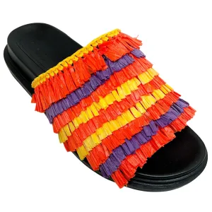 Marni Orange Multi Raffia Fringe Slide Sandals