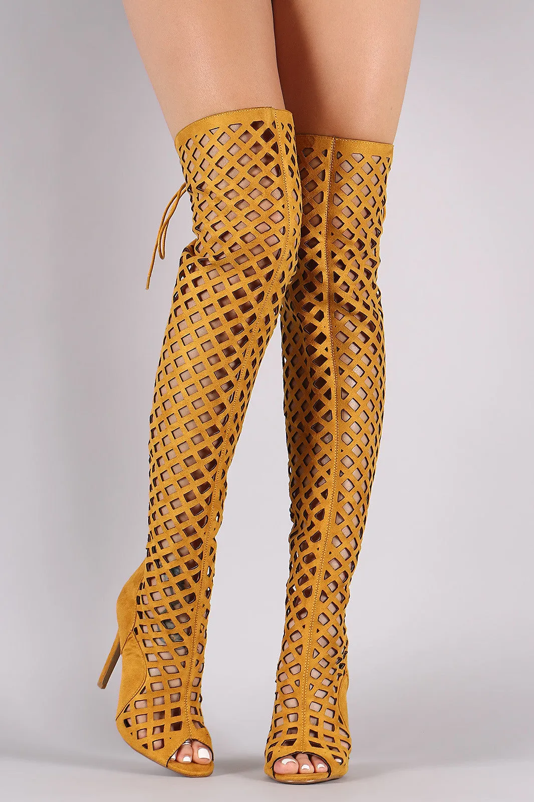 Myra - Suede Geometric Cutouts Peep Toe Stiletto Over-The-Knee Boots