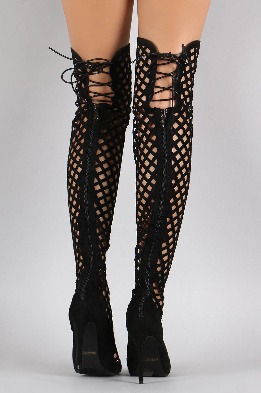 Myra - Suede Geometric Cutouts Peep Toe Stiletto Over-The-Knee Boots