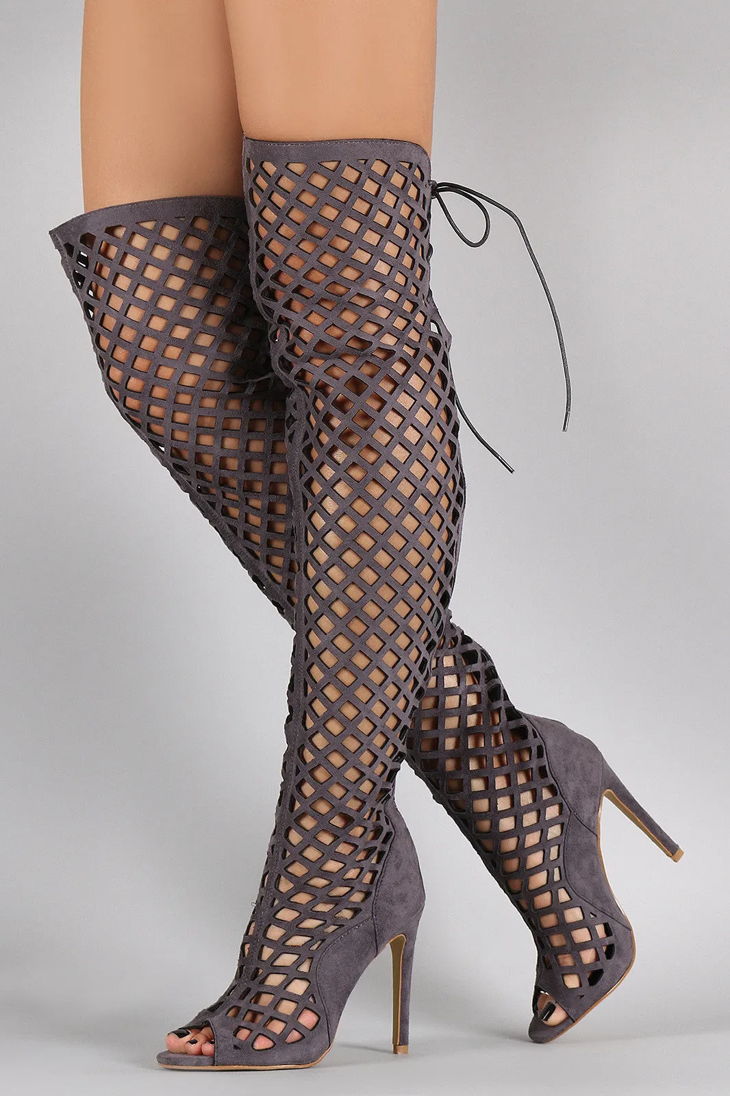 Myra - Suede Geometric Cutouts Peep Toe Stiletto Over-The-Knee Boots