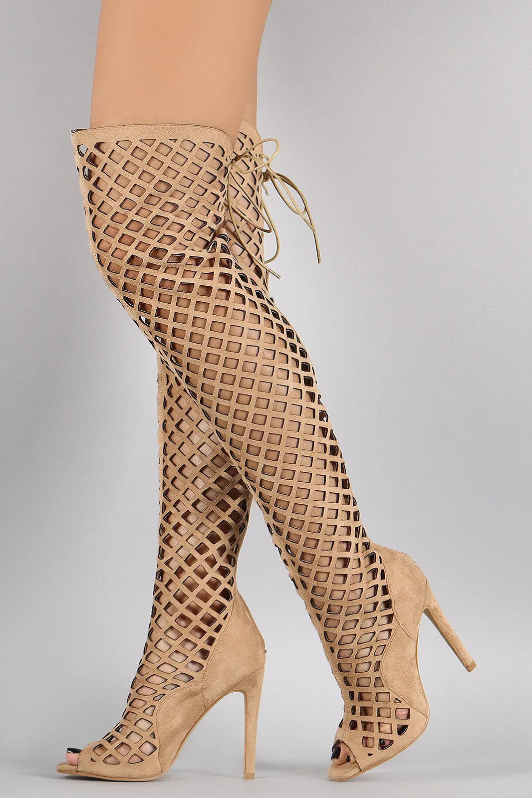 Myra - Suede Geometric Cutouts Peep Toe Stiletto Over-The-Knee Boots