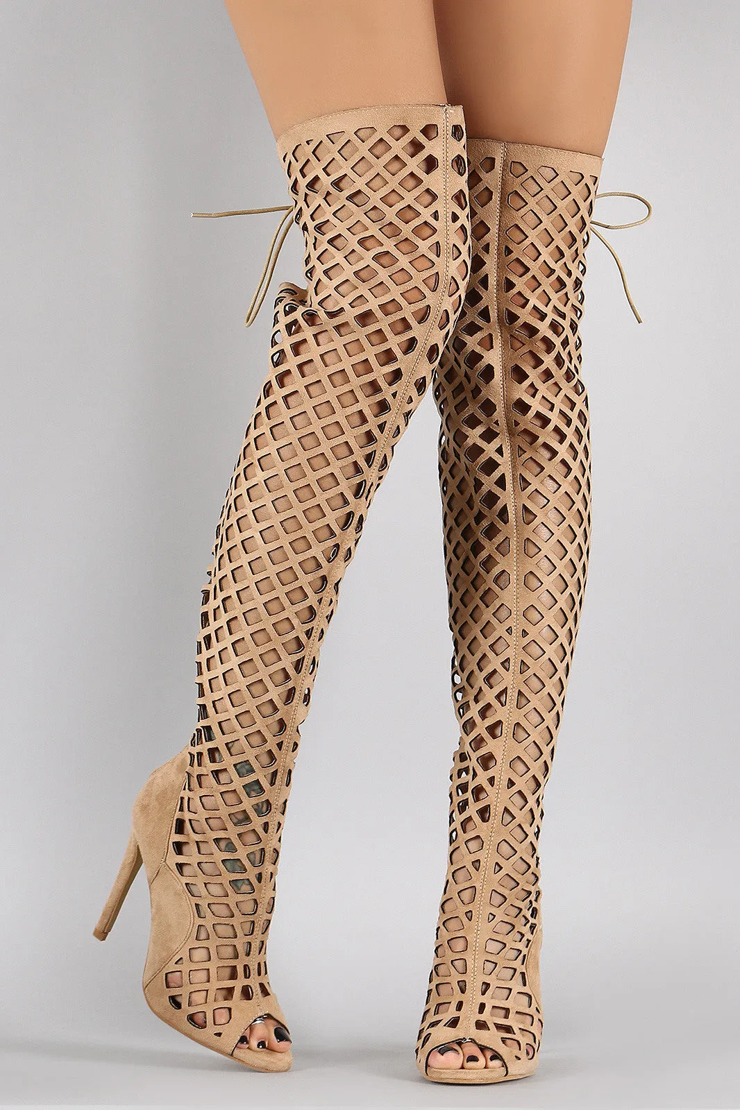 Myra - Suede Geometric Cutouts Peep Toe Stiletto Over-The-Knee Boots