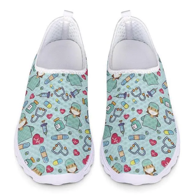 Nursing Icons Pattern Women's Summer Flat Sneakers Casual Shoes For Women Mesh Flats Cute Nursing Pattern Women's Sneakers Nurse Beach Woman Loafers Ladies Shoes