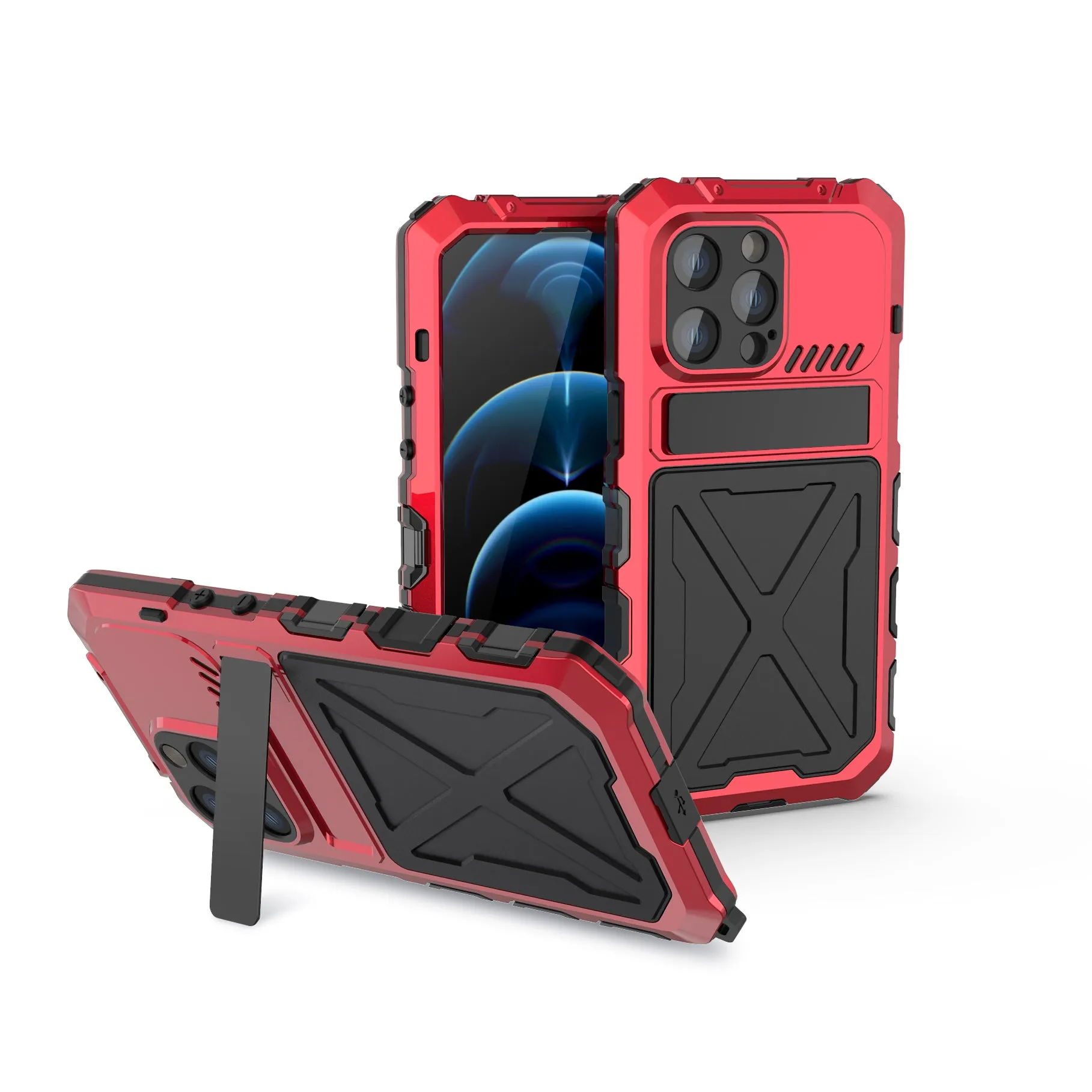 R-Just Kickstand Military-Grade Shockproof Heavy Duty Metal Snap Case Cover