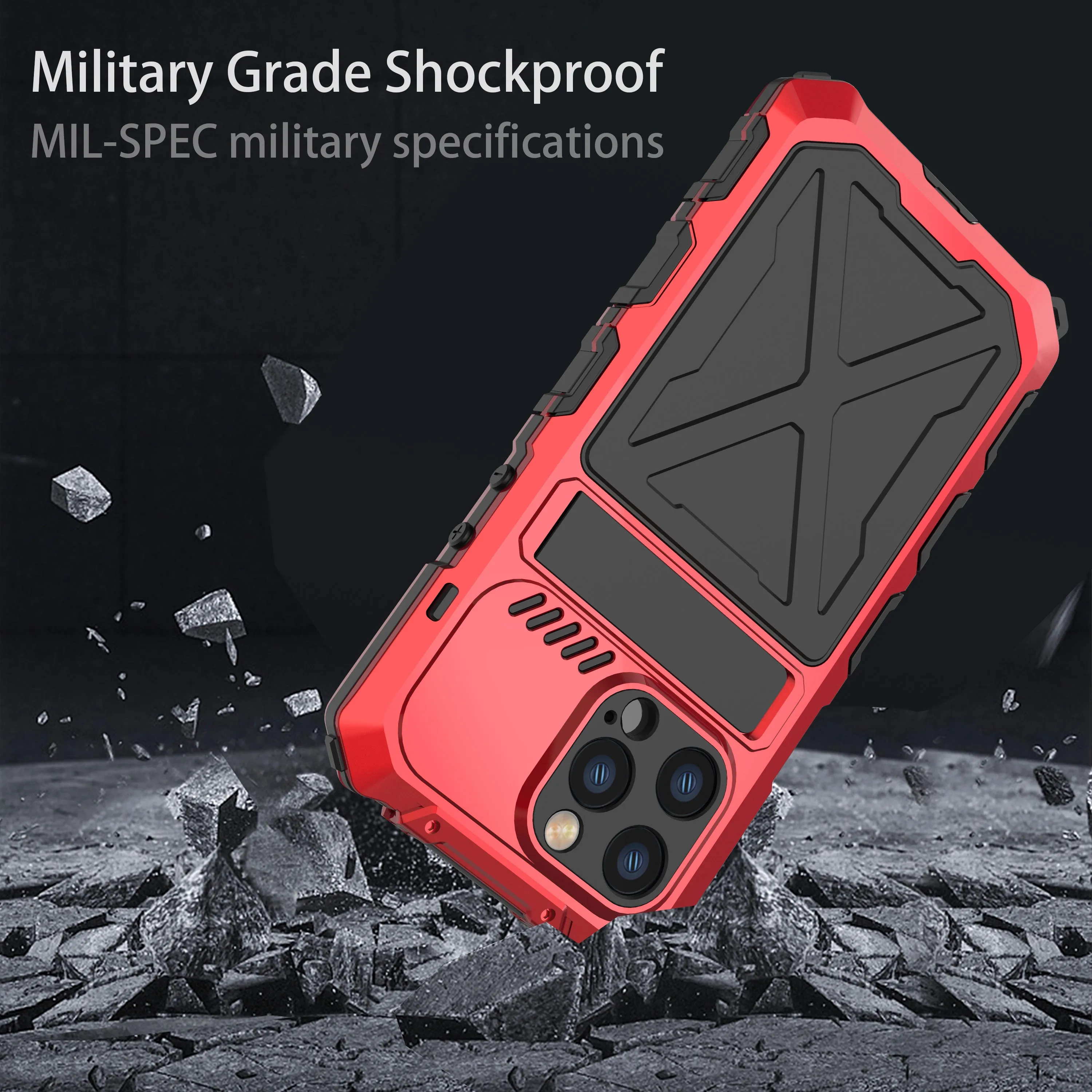 R-Just Kickstand Military-Grade Shockproof Heavy Duty Metal Snap Case Cover