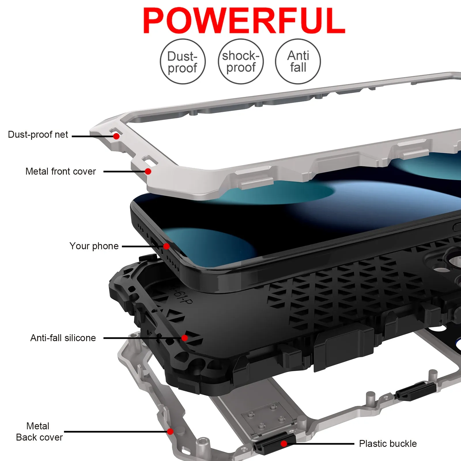 R-Just Kickstand Military-Grade Shockproof Heavy Duty Metal Snap Case Cover