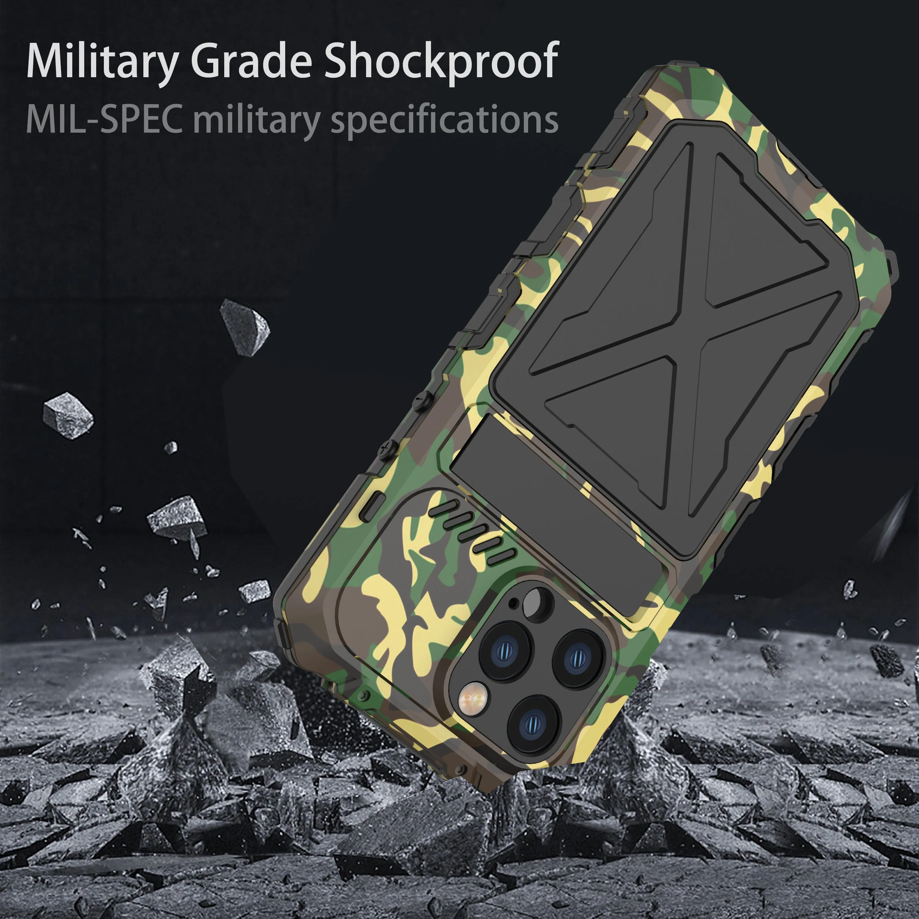 R-Just Kickstand Military-Grade Shockproof Heavy Duty Metal Snap Case Cover