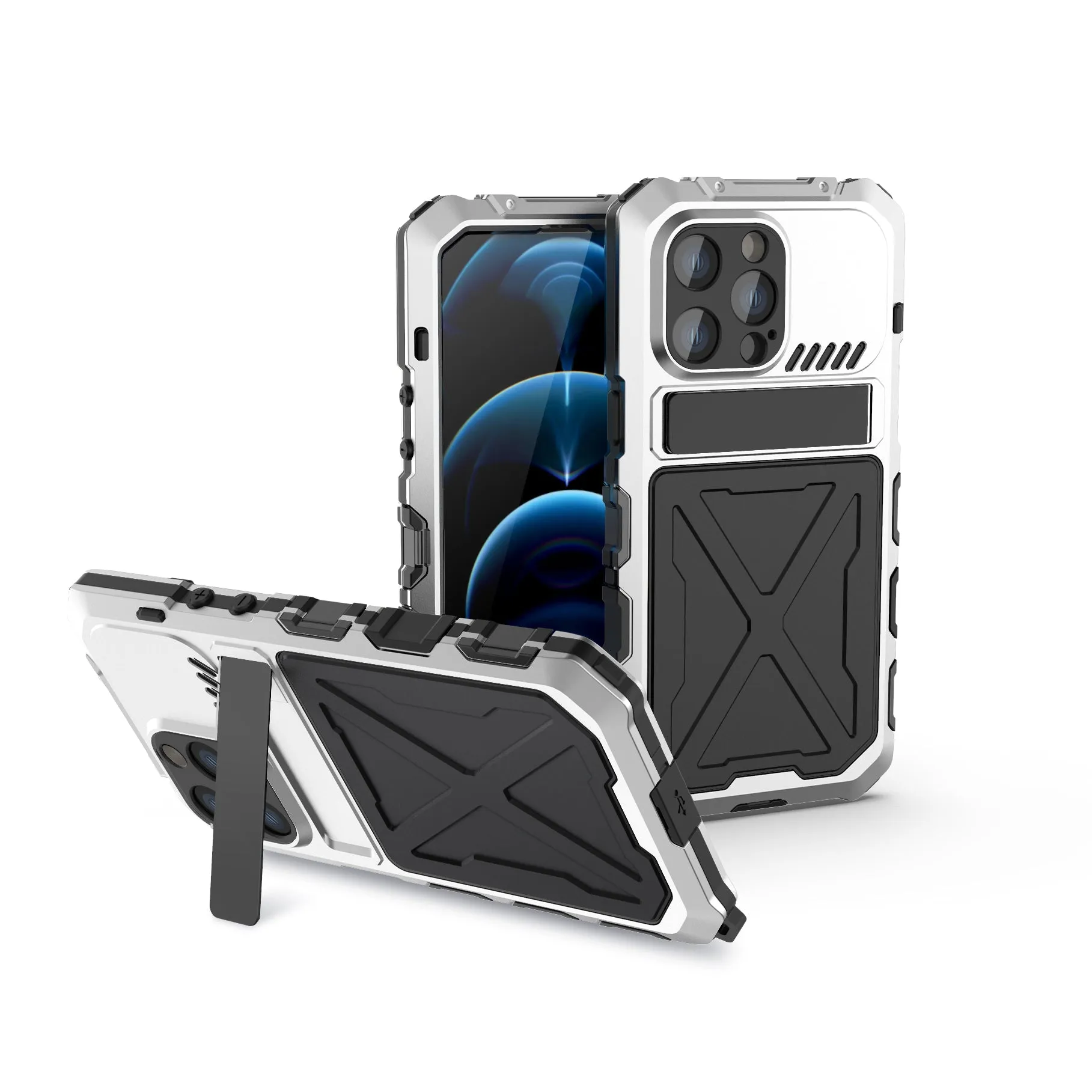 R-Just Kickstand Military-Grade Shockproof Heavy Duty Metal Snap Case Cover