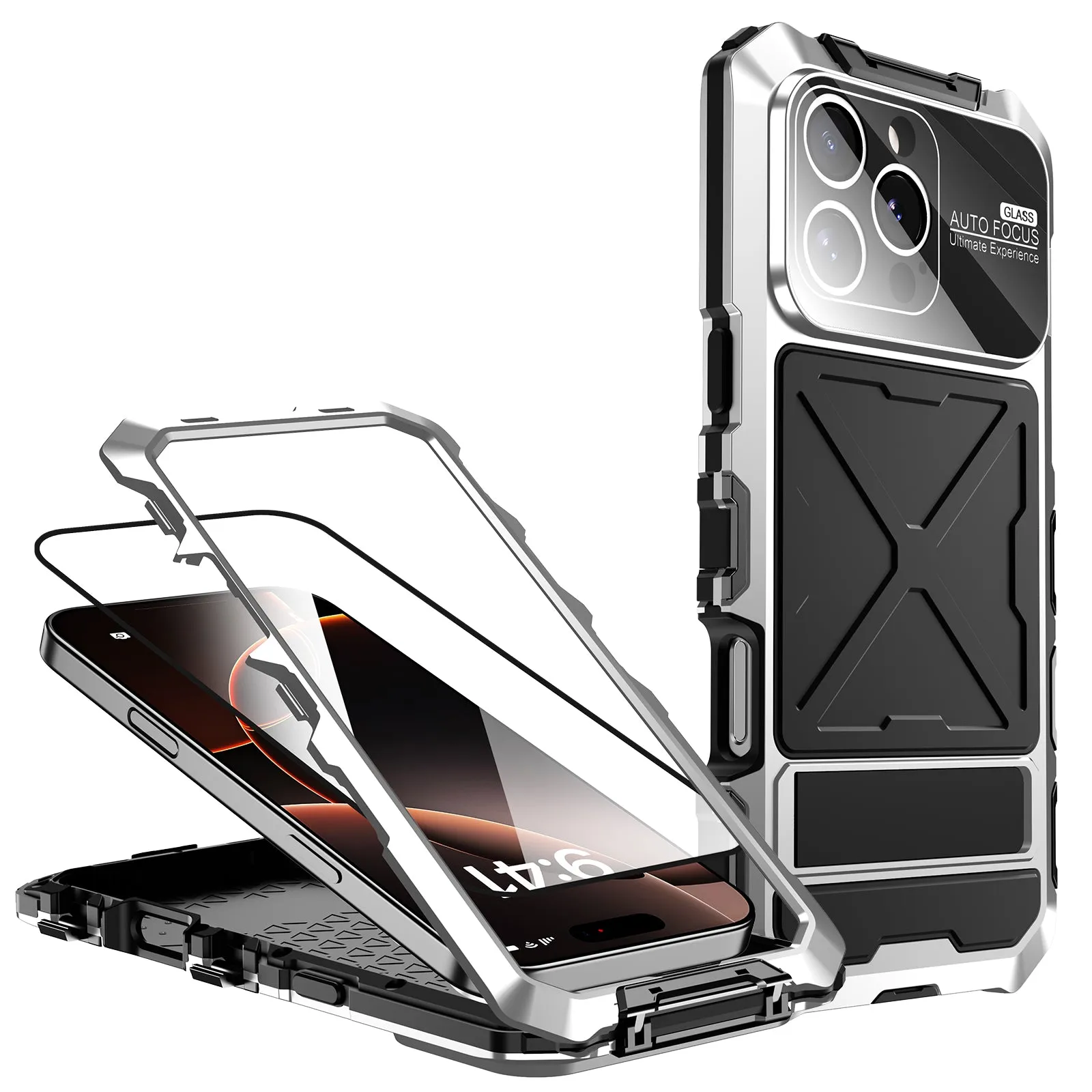 R-Just Kickstand Military-Grade Shockproof Heavy Duty Metal Snap Case Cover