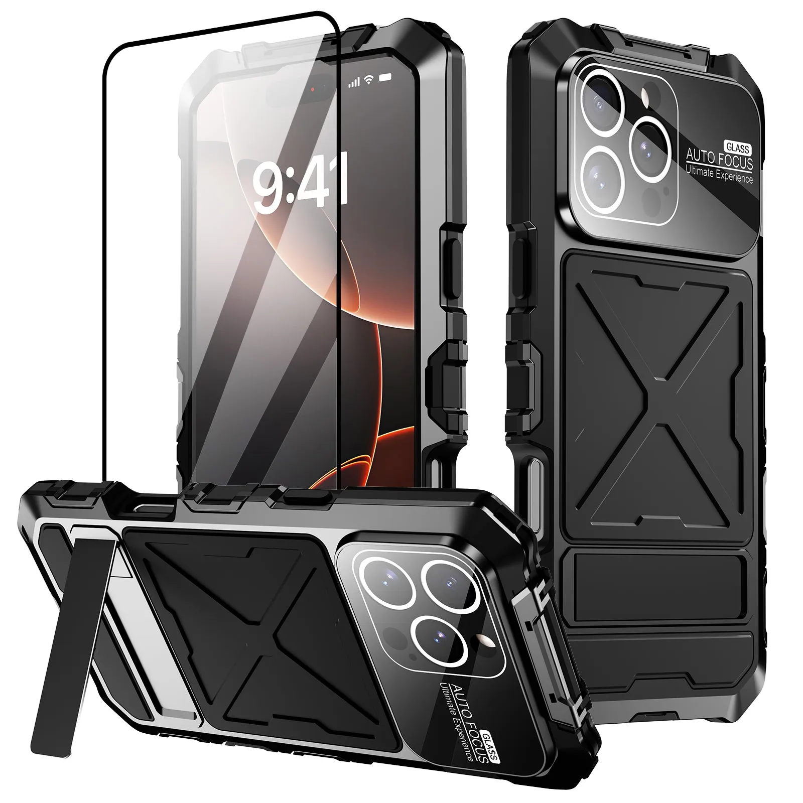 R-Just Kickstand Military-Grade Shockproof Heavy Duty Metal Snap Case Cover