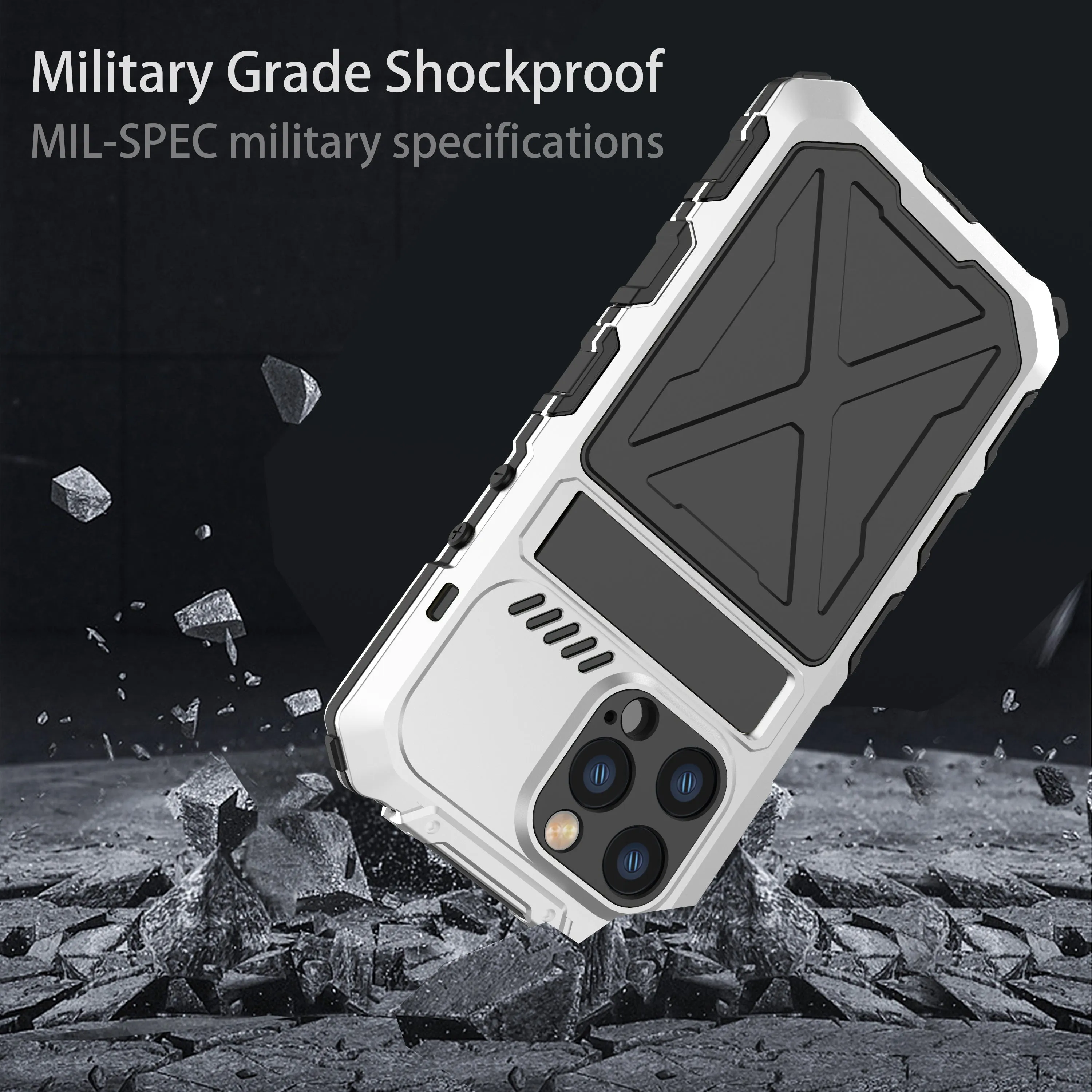 R-Just Kickstand Military-Grade Shockproof Heavy Duty Metal Snap Case Cover