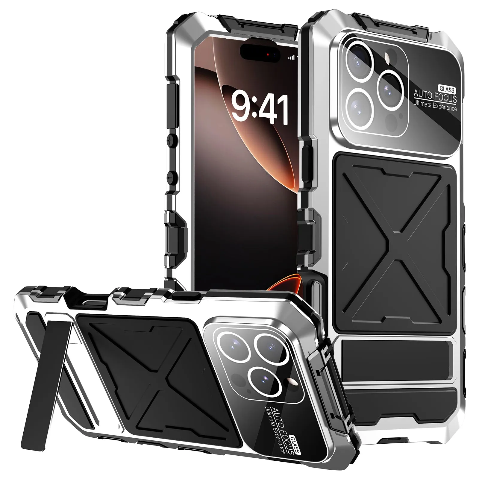 R-Just Kickstand Military-Grade Shockproof Heavy Duty Metal Snap Case Cover