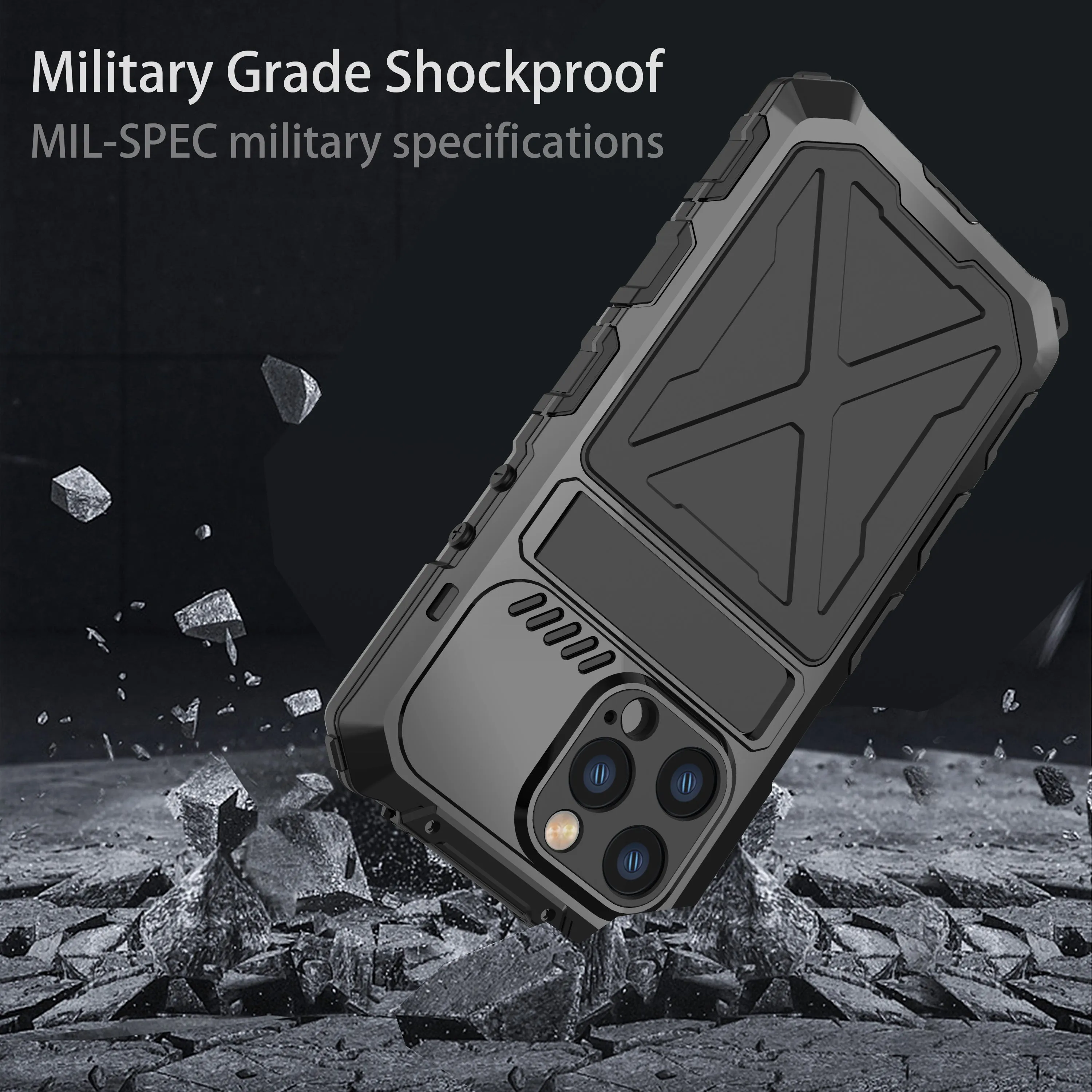 R-Just Kickstand Military-Grade Shockproof Heavy Duty Metal Snap Case Cover