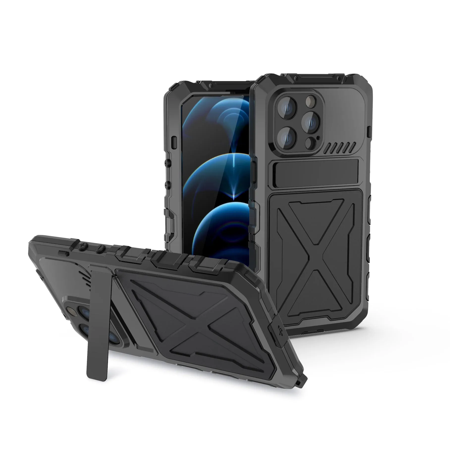 R-Just Kickstand Military-Grade Shockproof Heavy Duty Metal Snap Case Cover