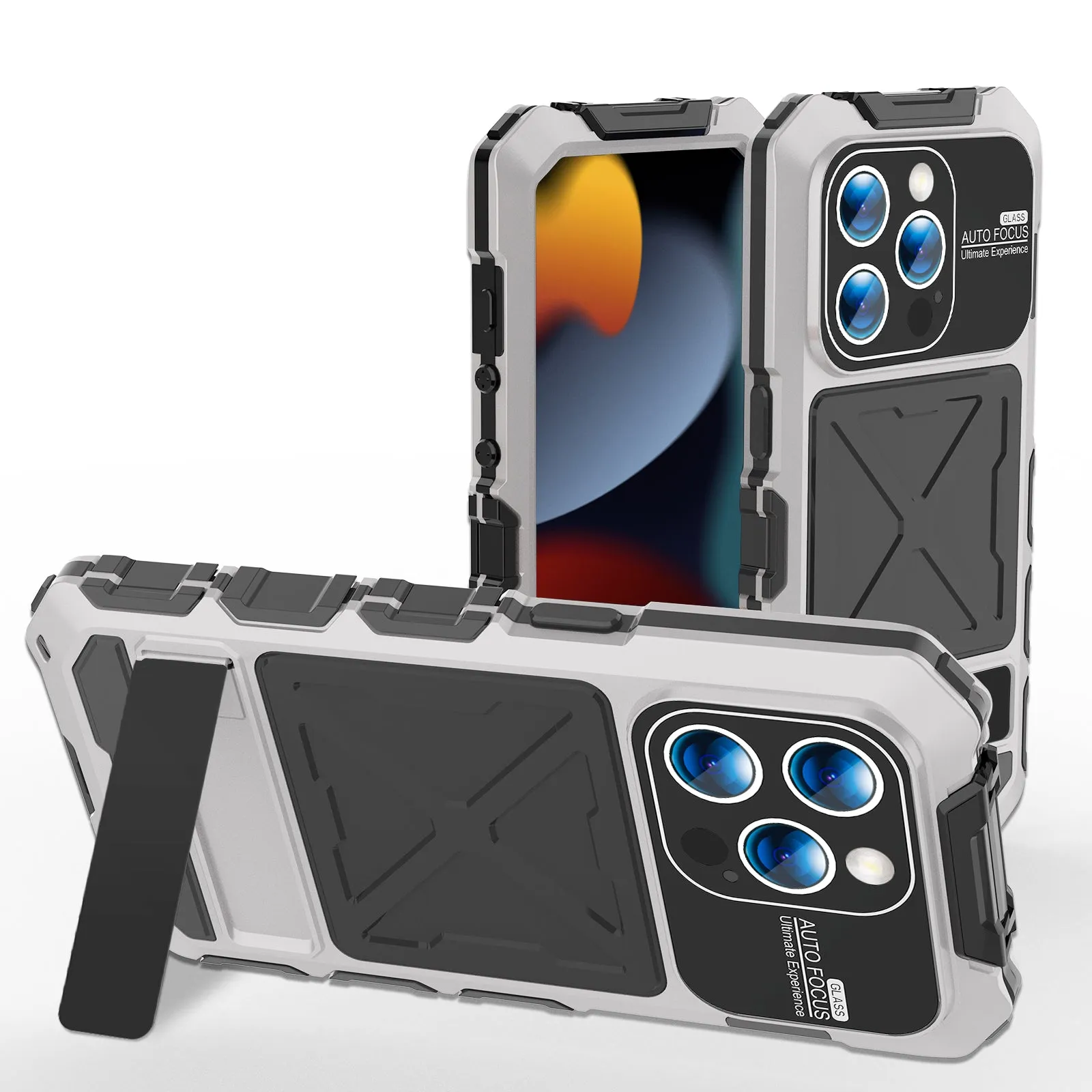 R-Just Kickstand Military-Grade Shockproof Heavy Duty Metal Snap Case Cover