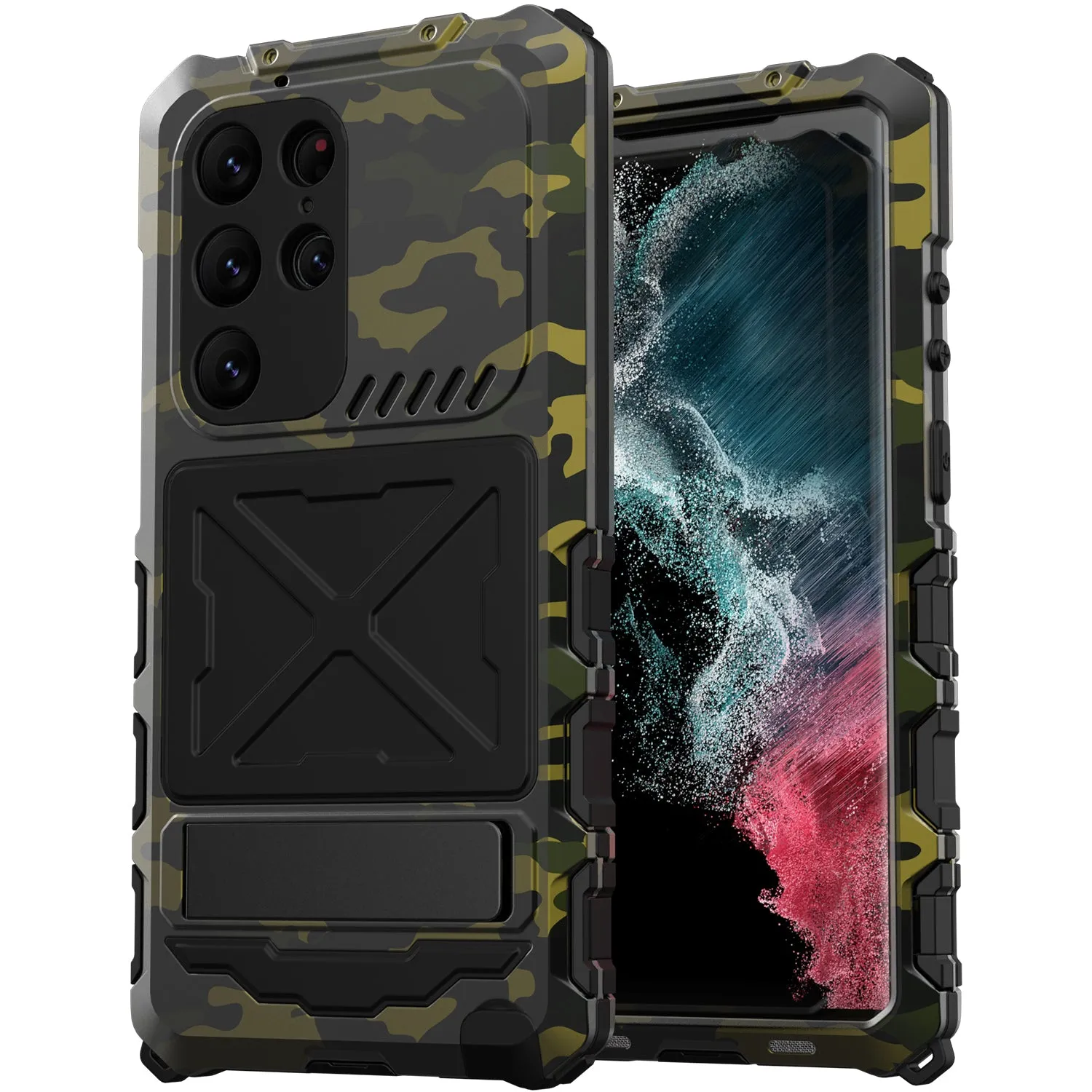 R-Just Kickstand Military-Grade Shockproof Heavy Duty Metal Snap Case Cover