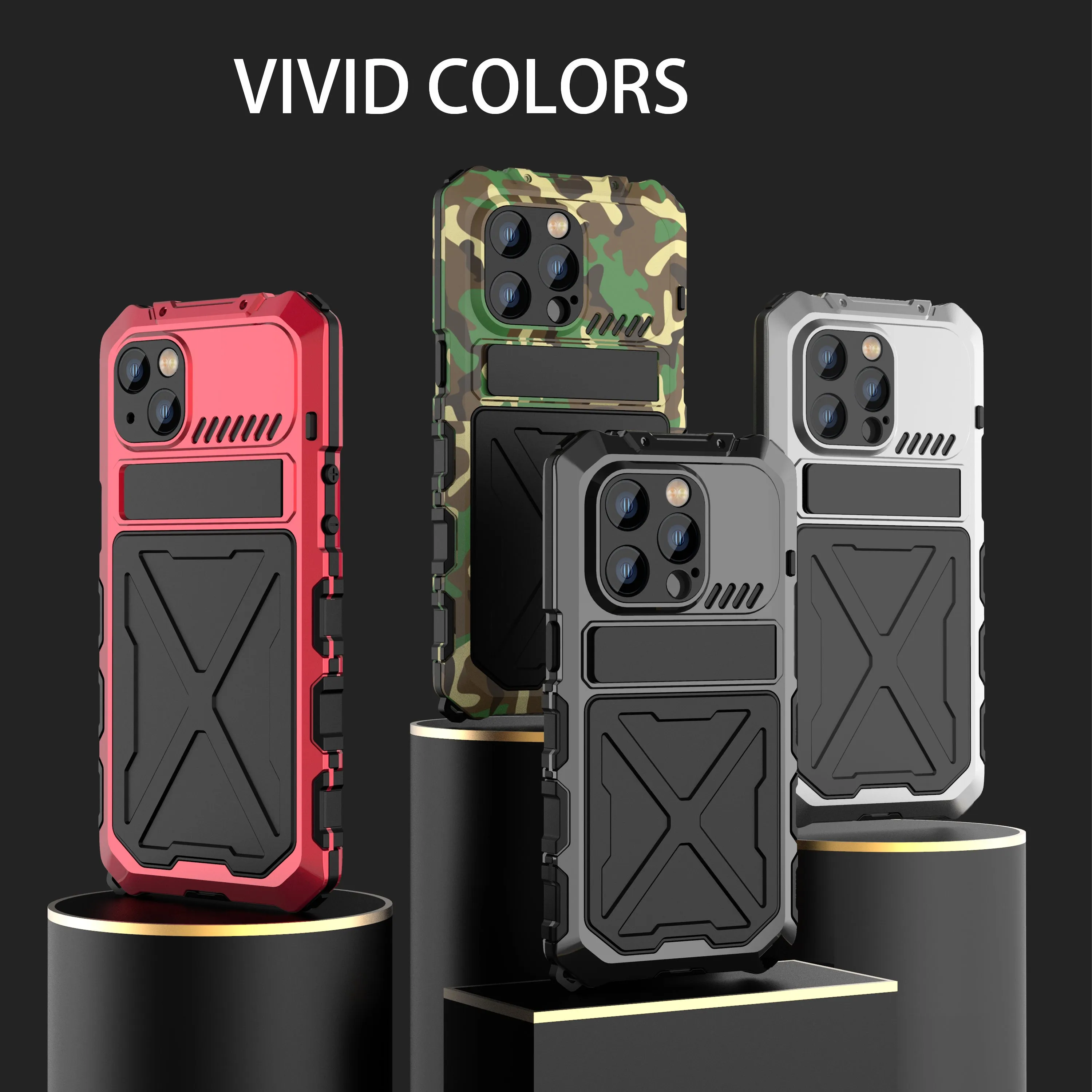 R-Just Kickstand Military-Grade Shockproof Heavy Duty Metal Snap Case Cover