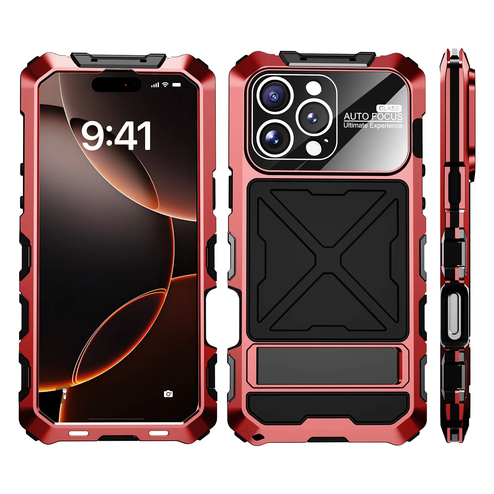 R-Just Kickstand Military-Grade Shockproof Heavy Duty Metal Snap Case Cover