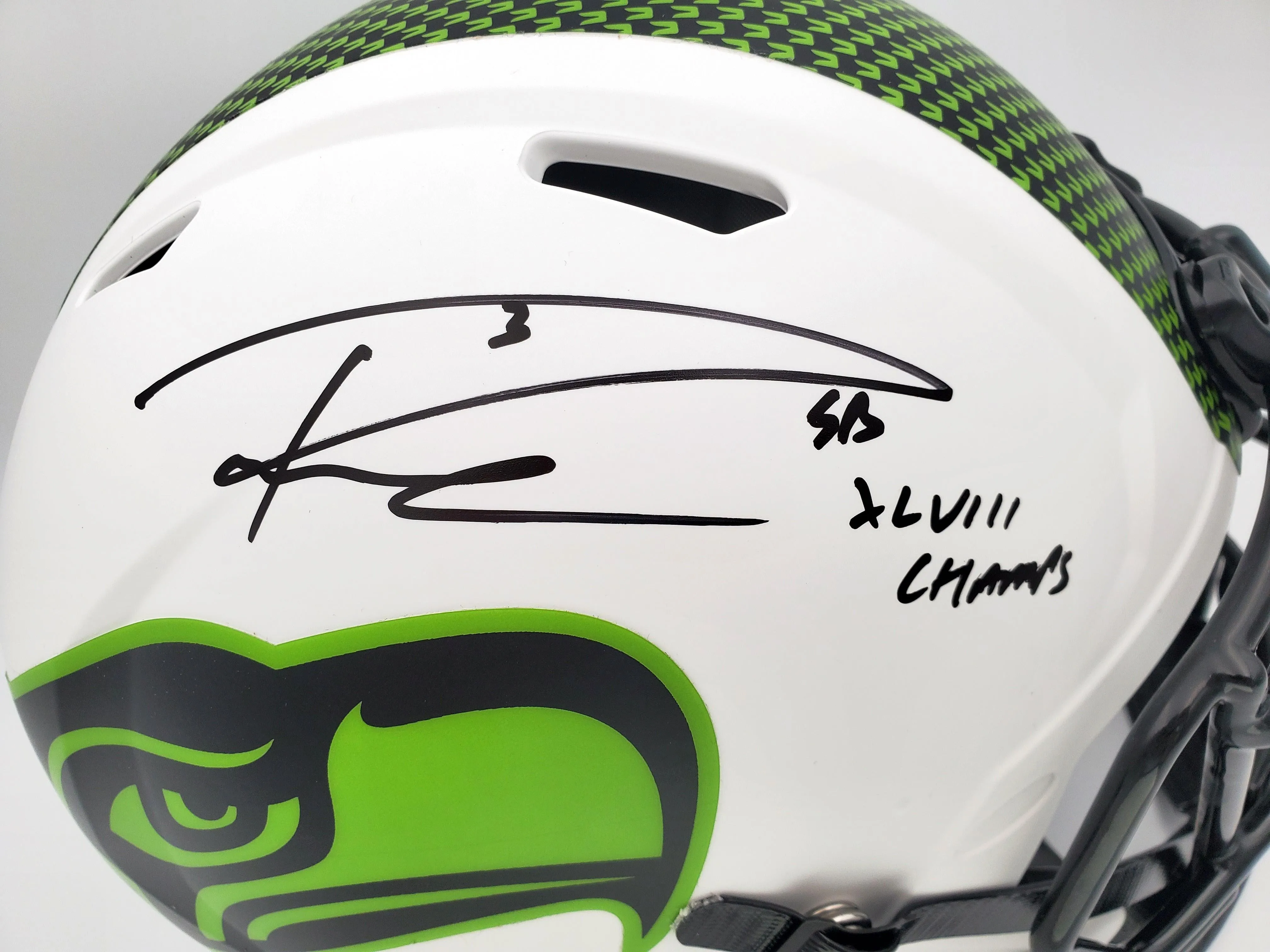 Russell Wilson Autographed Seattle Seahawks White Lunar Eclipse Full Size Authentic Speed Helmet "SB XLVIII Champs" RW Holo & Beckett BAS Stock #194031