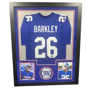 Saquon Barkley Signed New York Blue Custom Double-Suede Framed football Jersey (JSA)