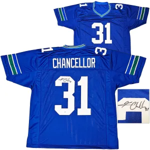 Seattle Seahawks Kam Chancellor Autographed Blue Throwback Jersey MCS Holo Stock #220829