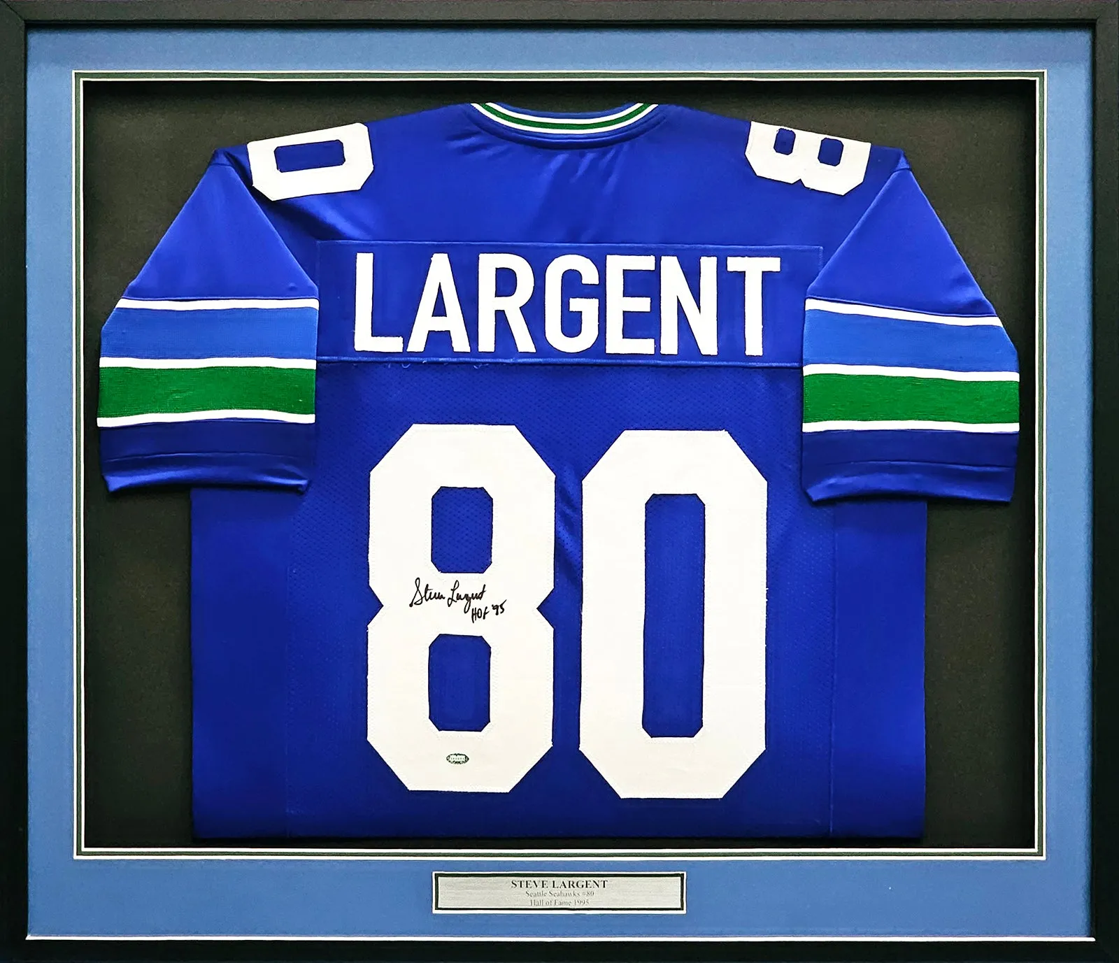 Seattle Seahawks Steve Largent Autographed Framed Blue Jersey "HOF 95" MCS Holo Stock #218636