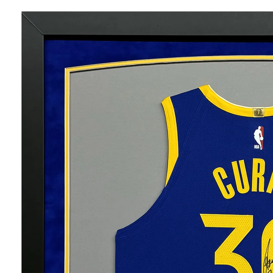 Steph Curry Signed Golden State Warriors Suede Matte Framed Basketball Jersey (JSA)