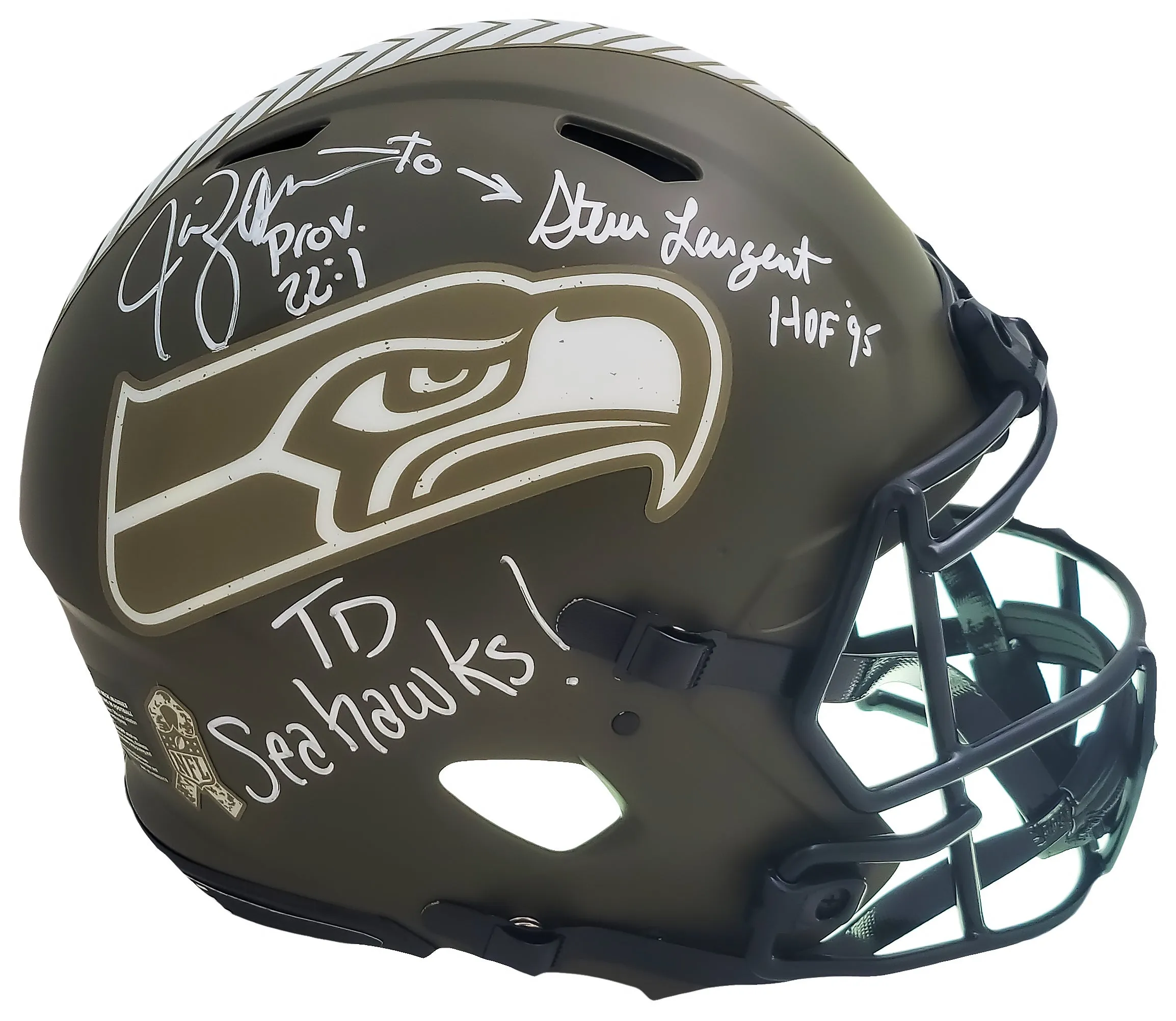 Steve Largent & Jim Zorn Autographed Seattle Seahawks Camo Salute To Service Full Size Authentic Speed Helmet "TD Seahawks!" MCS Holo Stock #210442