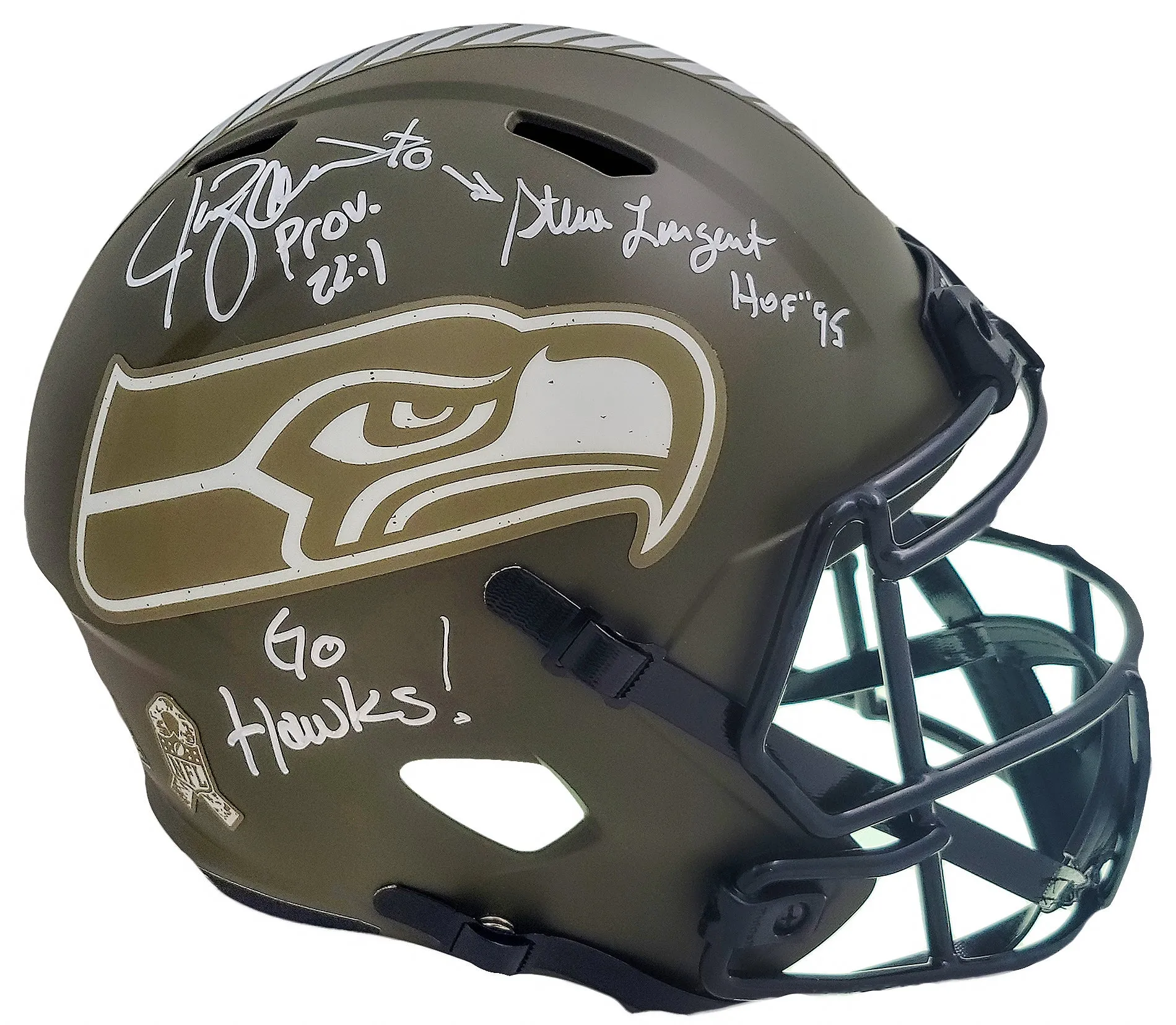 Steve Largent & Jim Zorn Autographed Seattle Seahawks Camo Salute To Service Full Size Replica Speed Helmet "Go Hawks!" MCS Holo Stock #210443