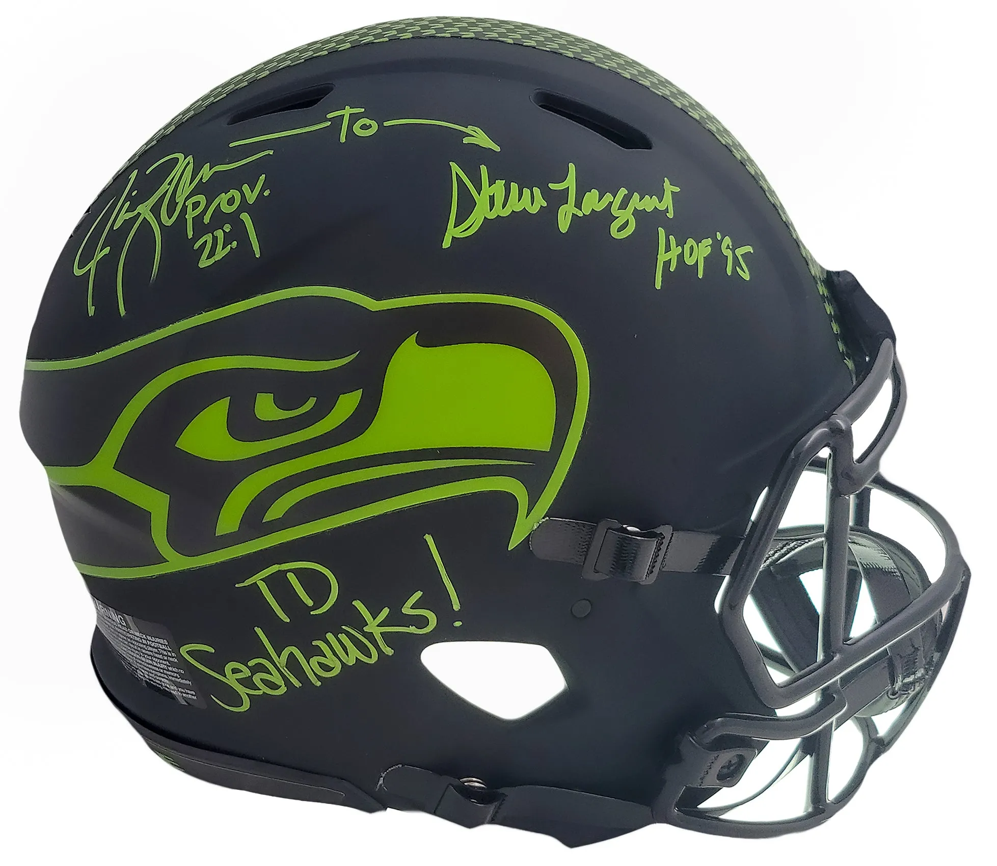 Steve Largent & Jim Zorn Autographed Seattle Seahawks Eclipse Black Full Size Authentic Speed Helmet "TD Seahawks!" MCS Holo Stock #210444