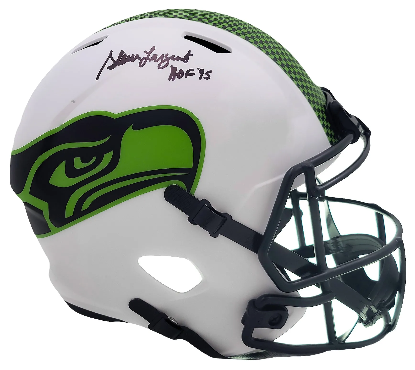 Steve Largent Autographed Seattle Seahawks Lunar Eclipse White Full Size Replica Speed Helmet "HOF 95" MCS Holo Stock #210458